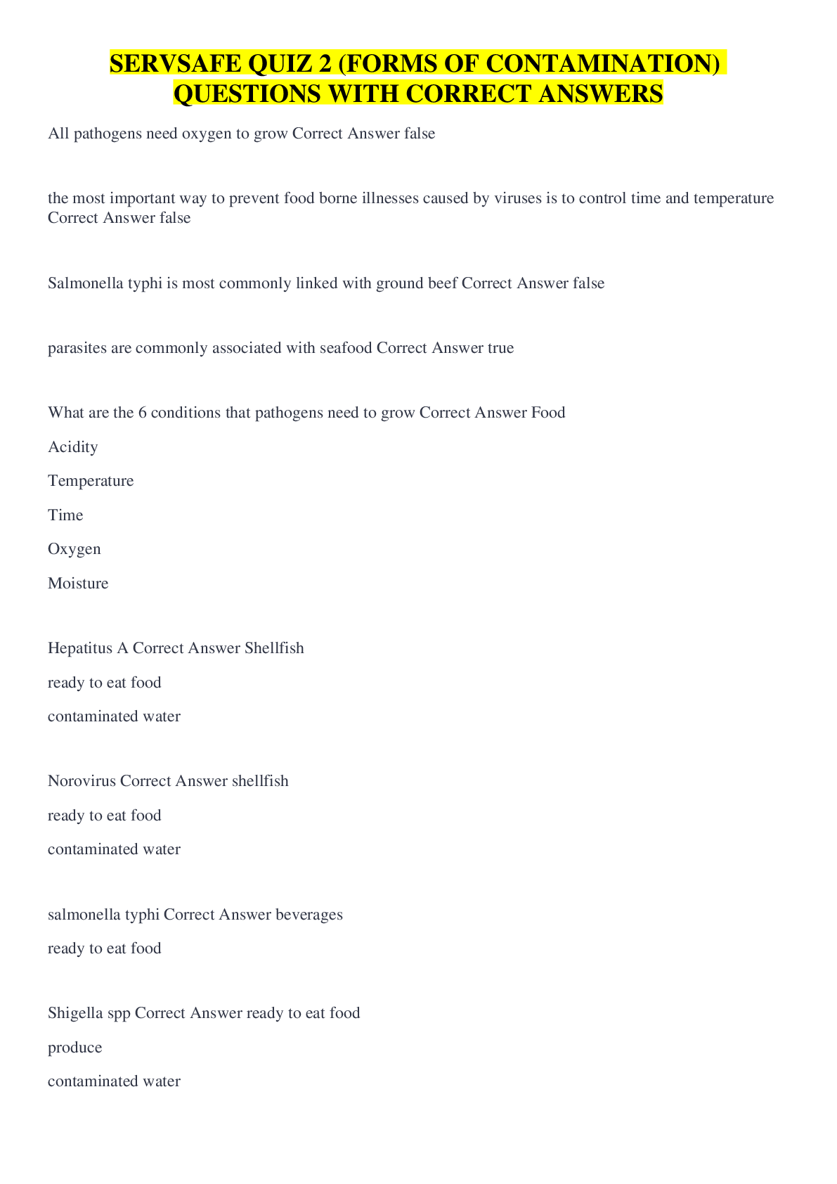 SERVSAFE QUIZ 2 (FORMS OF CONTAMINATION) QUESTIONS WITH CORRECT ANSWERS